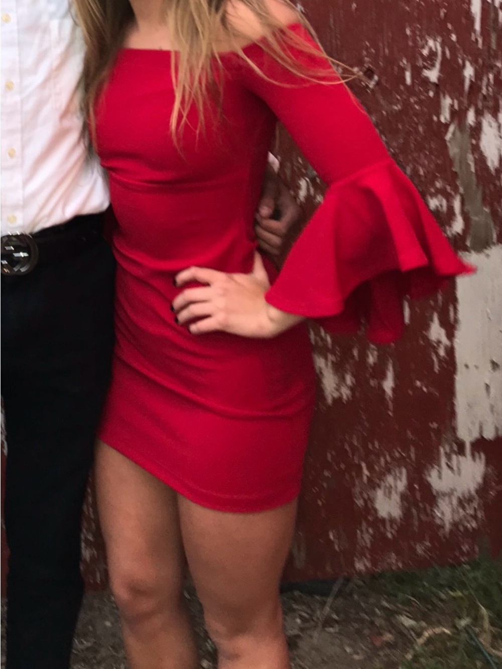 Teeze Me Red Off-Shoulder Ruffle-Sleeve Dress - Picture 4 of 4